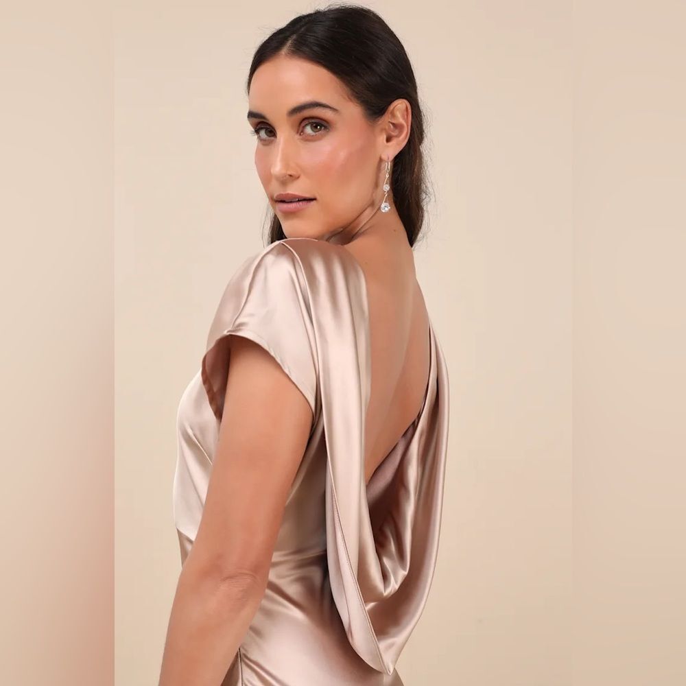 Lulus Captivating Presence Champagne Satin Cowl Back Maxi Dress